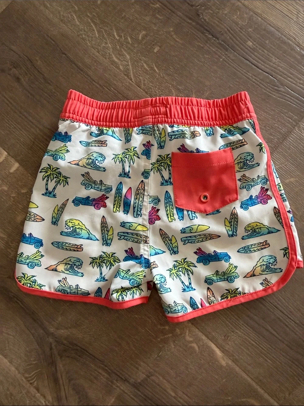 Andy & Evan Coral-Trim Surfboard Print Swim Trunks